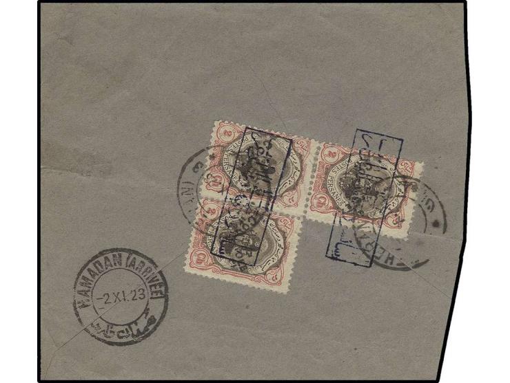 "CENSOR OF THE WESTERN REPUBLICANS" 2 clear strikes on block of 3 of 1922, 2 ch. on reverse of cover from Teheran to the post