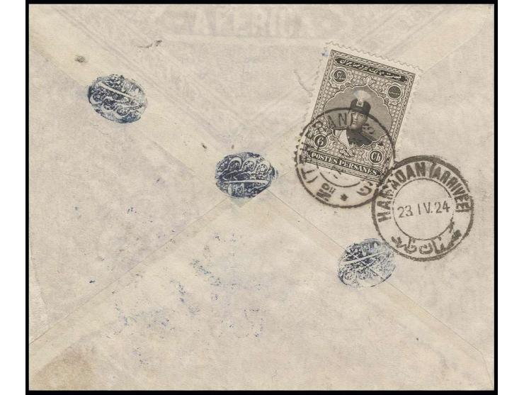 "CENSOR OF THE WESTERN REPUBLICANS", boxed marking in blue on front of incoming cover from Teheran to Hamadan, franked on rev