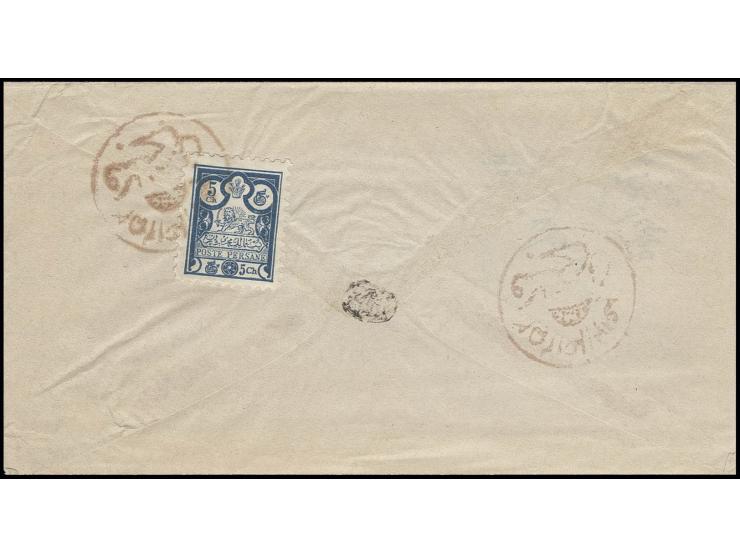 ditto, fancy cancel in lilac on 1891, 5 ch. blue on reverse of cover to Yezd