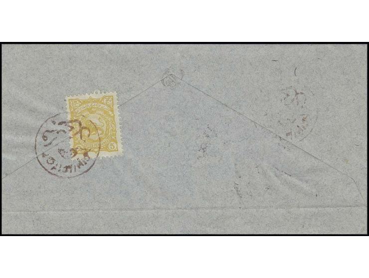 ditto, fancy cancel in lilac on 1897, 5 ch. yellow on reverse of cover to Yezd