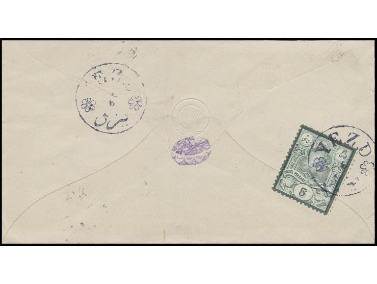 "YEZD 3/6", cds. in blue on sun engraved 5 ch. green on reverse of cover