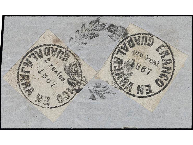 GUADALAJARA: 1867, un real and 2 r., both on white paper of the first printing, tied by fancy cancel of Guadalajara to piece,