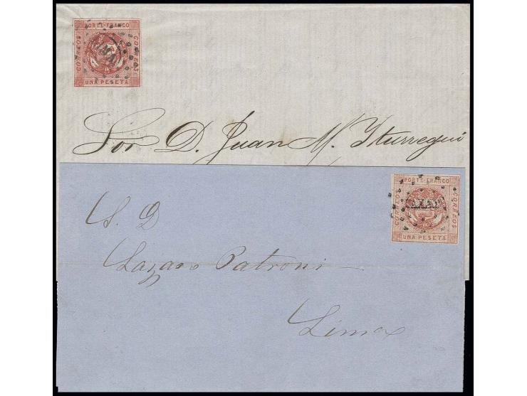 1860, 1 pes., 2 copies in red resp. rose, used on cover sheet from "CAXAX" to Lima resp. on entire letter from "LIMA" to Frus