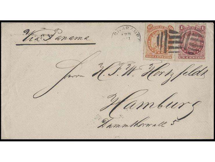 1887, 1 c. carmine and 10 c. orange, tied to envelope "Via Panama" to Hamburg, fine