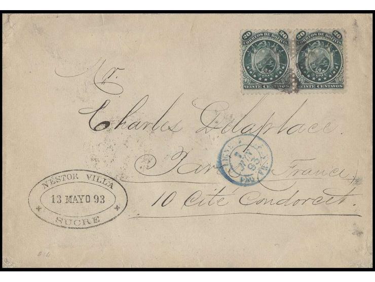20 c. green, horizontal pair tied to sealed enveloped 1893 via Buenos Aires to Paris with transit and arrival marks, right st