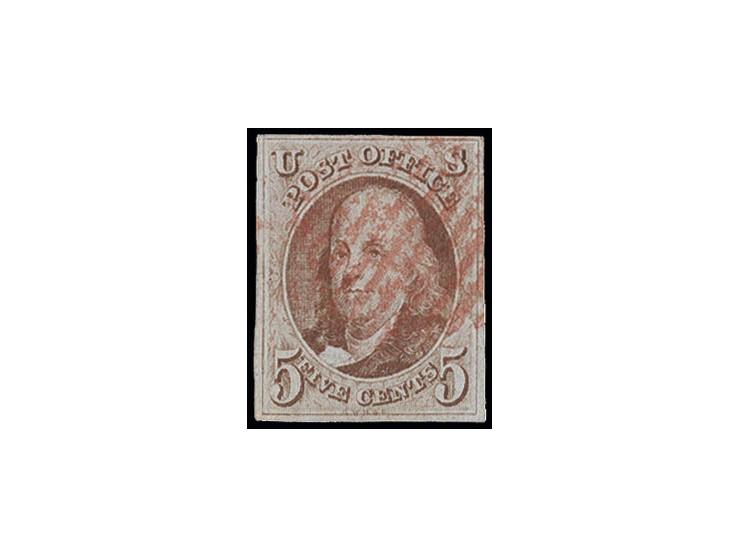 1847, 5 c. red-brown, clear to good margins, neatly cancelled in red, fine/very fine