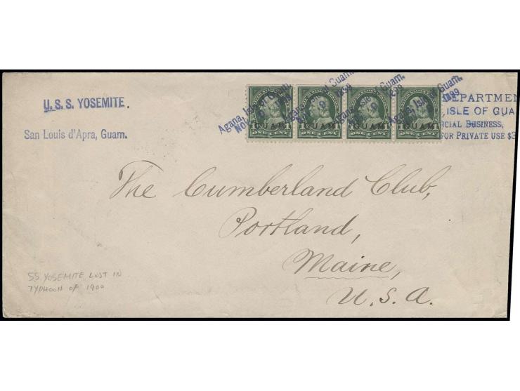 GUAM: 1899, 1 c. green, horizontal strip of 4 tied by two-line cancellation "Agana, Isle of Guam./NOV. 9 1899" to longside co