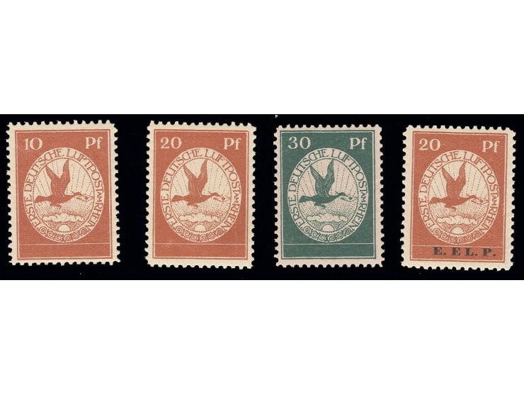 1912, Flugpost am Rhein und Main: 10-30 Pfg. kpl. sowie E.EL.P. 20 Pfg., postfrisch, Kabinett, für letztere Fotokurzbefund Br