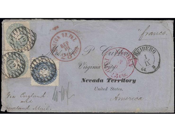 Wappen 5 Neugroschen graublau, 2 Einzelwerte mit 2 Neugroschen blau, mit Nr. "12" auf Briefkuvert mit gedruckter Adresse von 