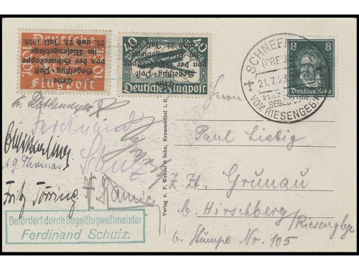 1928, Segelflugpost Schneekoppe 10 Pfg. und 40 Pfg. je mit kopfstehendem Aufdruck, mit grünem Sonderstempel "Befördert durch 