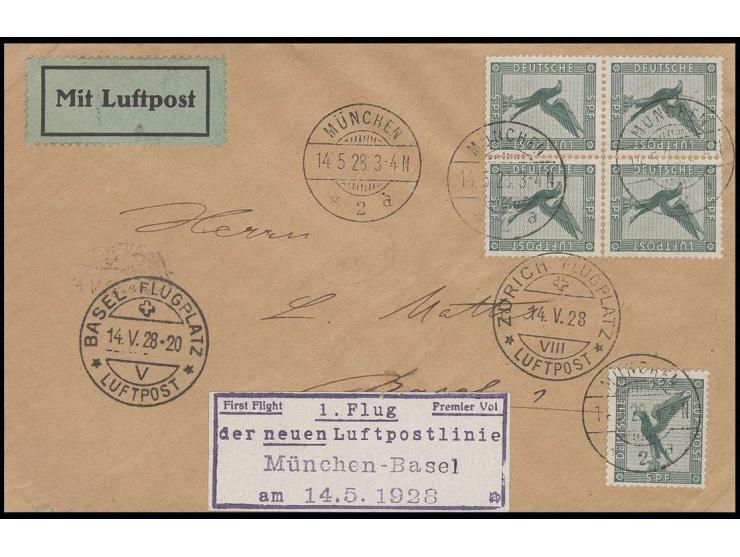 1928, Erstflug München-Basel 14.5., Brief mit jeweils Ankunftsstempel von Basel und Zürich sowie Dewitz-Vignette (SLH-Nr. 28.
