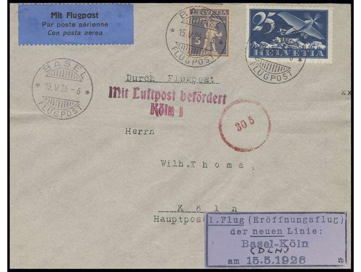 SCHWEIZ: 1926, Erstflug Basel-Köln 15.5., Brief (gefaltet) mit Dewitz-Vignette, rotem Flugbeförderungsstempel von Köln und An
