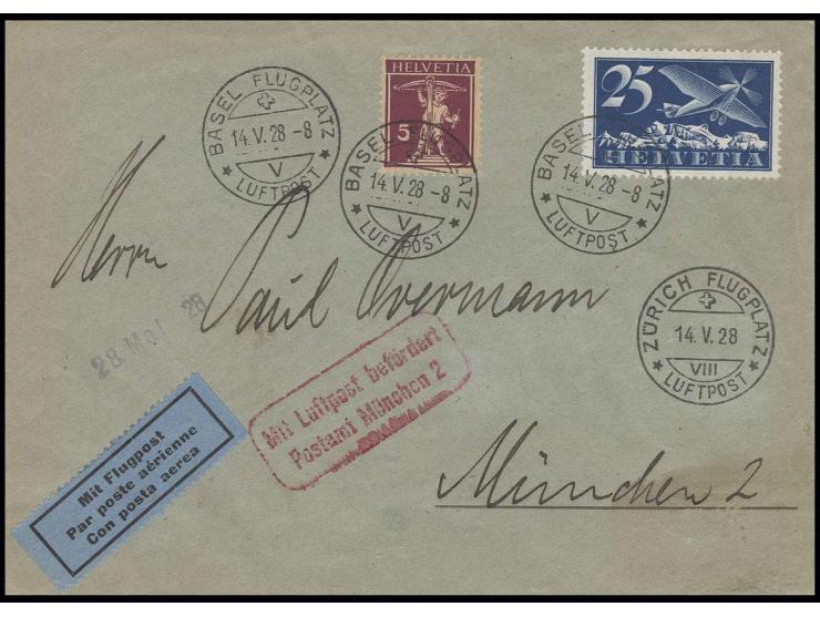 1928, Erstflug Basel-Zürich-München 14.5. mit rotem Flugbestätigungsstempel von München und Ankunftsstempel, Pracht, nur weni
