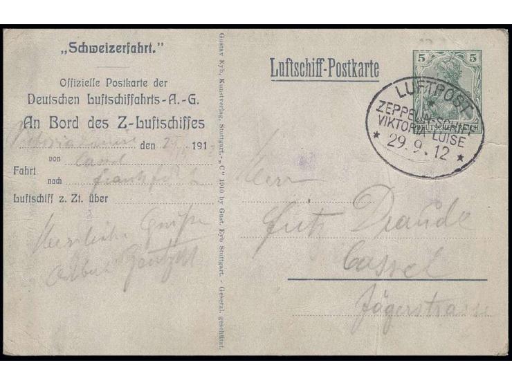 VIKTORIA LUISE (LZ11): 1912, Delag-Ganzsachenkarte "SCHWEIZER FAHRT" (etwas unfrisch und bügig) mit Bordpoststempel vom 29.9.