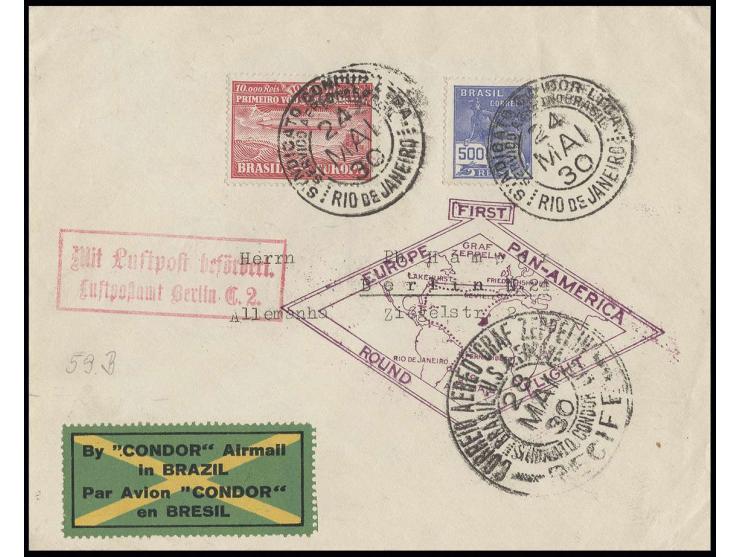 BRASILIANISCHE POST: Karte und 2 Briefe mit 5000, 10000 und 20000 Rs., Pracht
