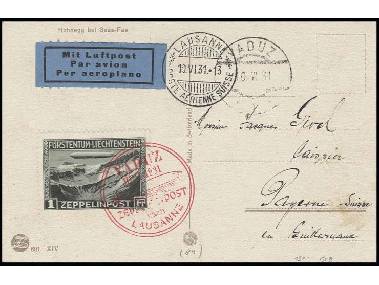 1931, Vaduz-Lausannefahrt, Karte mit Zeppelin 1 Fr., Pracht