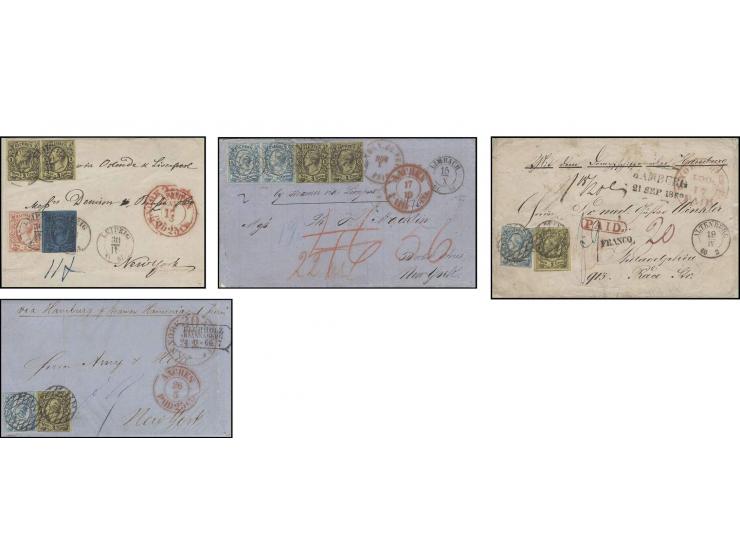 TRANSATLANTIK-BRIEFE: 1853/67, ausstellungsmäßig aufgezogene Sammlung von 12 unfrankierten Briefen sowie 15 frankierten Brief