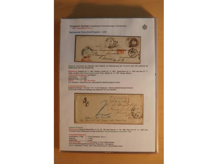 TRANSATLANTIK-BRIEFE: 1853/67, ausstellungsmäßig aufgezogene Sammlung von 12 unfrankierten Briefen sowie 15 frankierten Brief