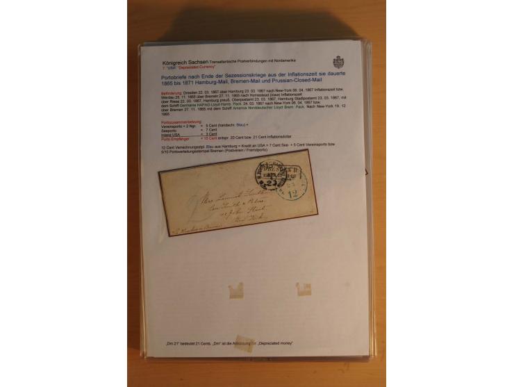 TRANSATLANTIK-BRIEFE: 1853/67, ausstellungsmäßig aufgezogene Sammlung von 12 unfrankierten Briefen sowie 15 frankierten Brief