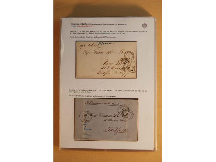 TRANSATLANTIK-BRIEFE: 1853/67, ausstellungsmäßig aufgezogene Sammlung von 12 unfrankierten Briefen sowie 15 frankierten Brief