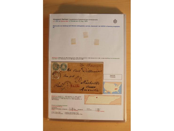TRANSATLANTIK-BRIEFE: 1853/67, ausstellungsmäßig aufgezogene Sammlung von 12 unfrankierten Briefen sowie 15 frankierten Brief