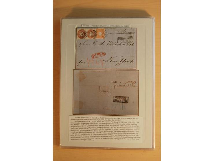 TRANSATLANTIK-BRIEFE: 1853/67, ausstellungsmäßig aufgezogene Sammlung von 12 unfrankierten Briefen sowie 15 frankierten Brief