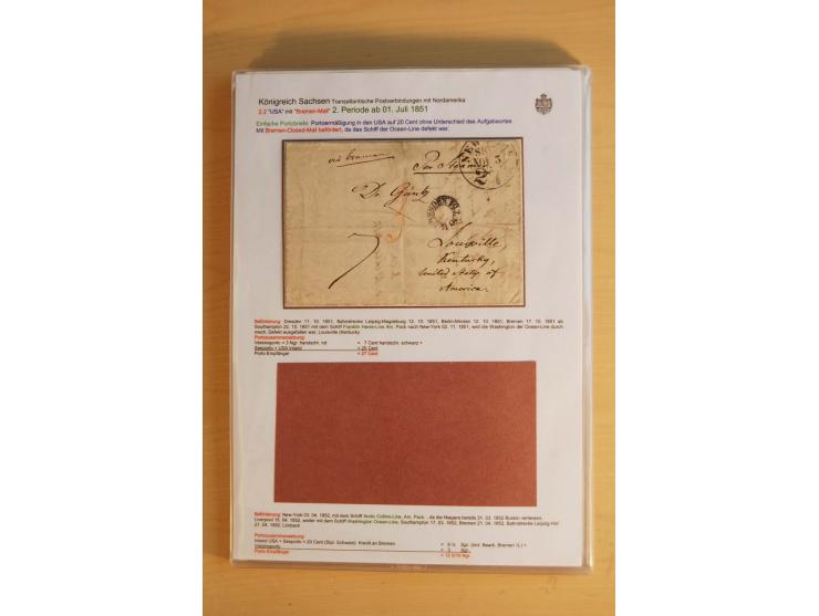TRANSATLANTIK-BRIEFE: 1853/67, ausstellungsmäßig aufgezogene Sammlung von 12 unfrankierten Briefen sowie 15 frankierten Brief