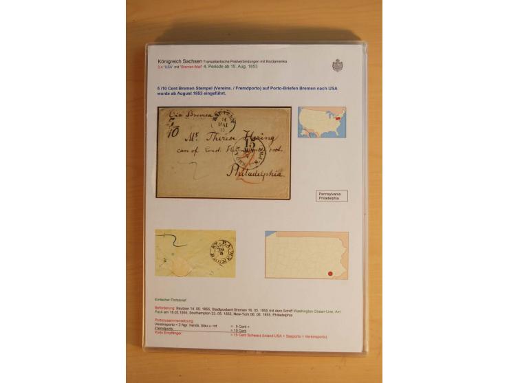 TRANSATLANTIK-BRIEFE: 1853/67, ausstellungsmäßig aufgezogene Sammlung von 12 unfrankierten Briefen sowie 15 frankierten Brief