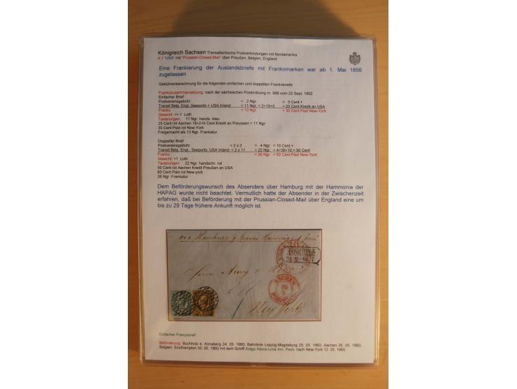 TRANSATLANTIK-BRIEFE: 1853/67, ausstellungsmäßig aufgezogene Sammlung von 12 unfrankierten Briefen sowie 15 frankierten Brief