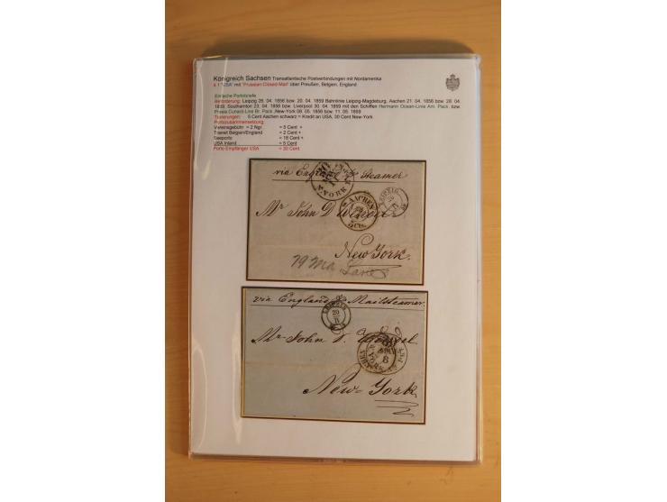 TRANSATLANTIK-BRIEFE: 1853/67, ausstellungsmäßig aufgezogene Sammlung von 12 unfrankierten Briefen sowie 15 frankierten Brief