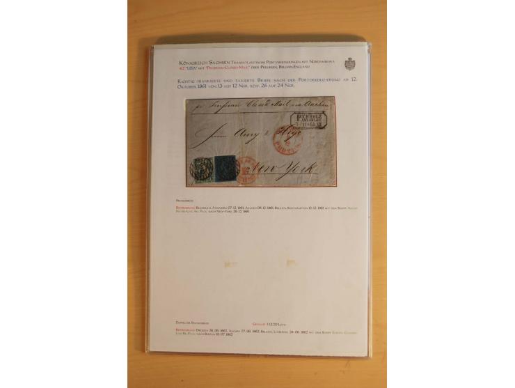 TRANSATLANTIK-BRIEFE: 1853/67, ausstellungsmäßig aufgezogene Sammlung von 12 unfrankierten Briefen sowie 15 frankierten Brief