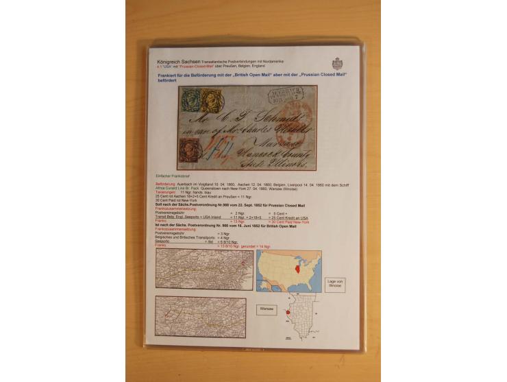 TRANSATLANTIK-BRIEFE: 1853/67, ausstellungsmäßig aufgezogene Sammlung von 12 unfrankierten Briefen sowie 15 frankierten Brief