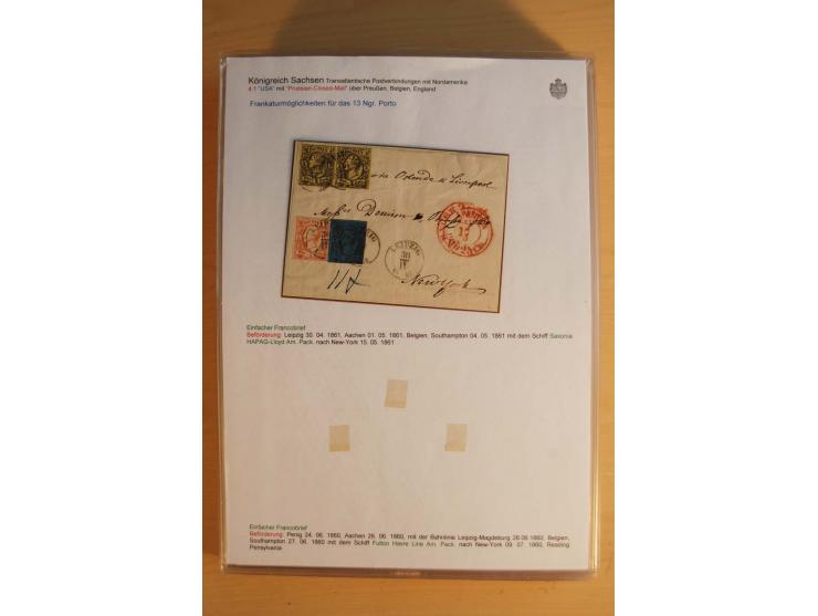 TRANSATLANTIK-BRIEFE: 1853/67, ausstellungsmäßig aufgezogene Sammlung von 12 unfrankierten Briefen sowie 15 frankierten Brief