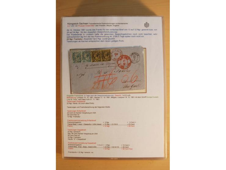 TRANSATLANTIK-BRIEFE: 1853/67, ausstellungsmäßig aufgezogene Sammlung von 12 unfrankierten Briefen sowie 15 frankierten Brief
