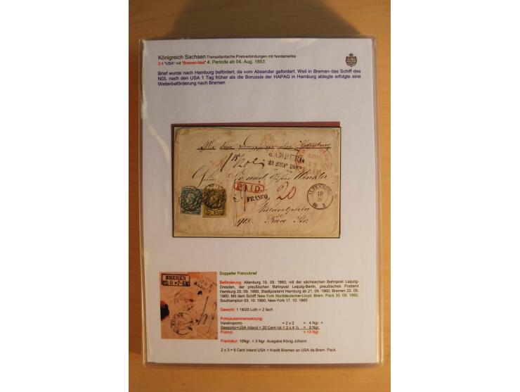 TRANSATLANTIK-BRIEFE: 1853/67, ausstellungsmäßig aufgezogene Sammlung von 12 unfrankierten Briefen sowie 15 frankierten Brief