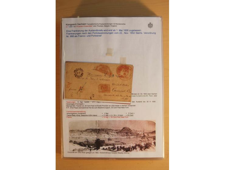 TRANSATLANTIK-BRIEFE: 1853/67, ausstellungsmäßig aufgezogene Sammlung von 12 unfrankierten Briefen sowie 15 frankierten Brief