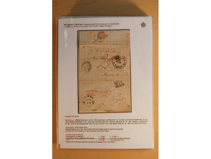 TRANSATLANTIK-BRIEFE: 1853/67, ausstellungsmäßig aufgezogene Sammlung von 12 unfrankierten Briefen sowie 15 frankierten Brief
