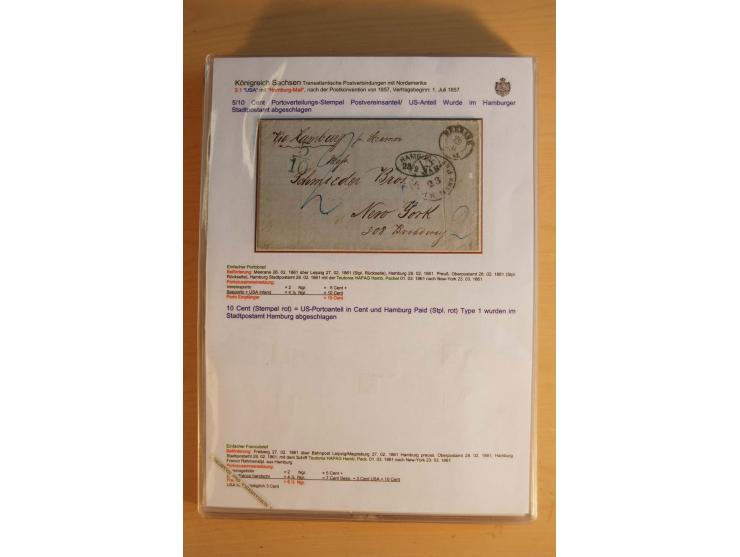 TRANSATLANTIK-BRIEFE: 1853/67, ausstellungsmäßig aufgezogene Sammlung von 12 unfrankierten Briefen sowie 15 frankierten Brief
