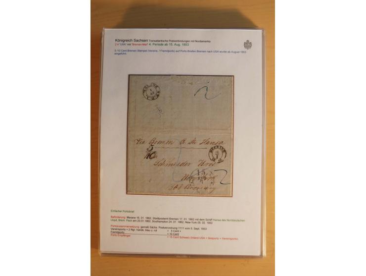 TRANSATLANTIK-BRIEFE: 1853/67, ausstellungsmäßig aufgezogene Sammlung von 12 unfrankierten Briefen sowie 15 frankierten Brief