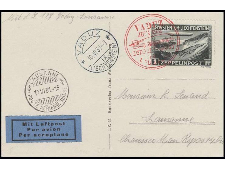 Fotokarte mit Zeppelin 1 Fr. und Ankunftsstempel von Lausanne, alle Stempel vorderseitig, Kabinett