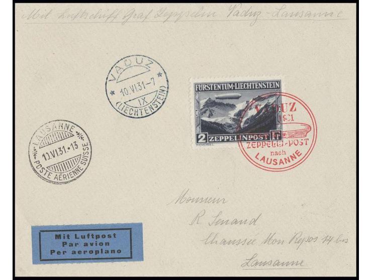 Brief mit Zeppelin 2 Fr. und Ankunftsstempel von Lausanne, alle Stempel vorderseitig, Kabinett