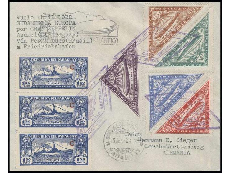 1932, 3. Südamerikafahrt, Paraguay-Post: Brief mit u.a. kpl. Zeppelin-Satz, Kabinett