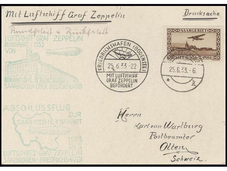 1933, Saargebietsfahrt, Saargebiets-Post, Drucksachenkarte mit Flugpost 5 Fr. und beiden Bestätigungsstempeln in die Schweiz,