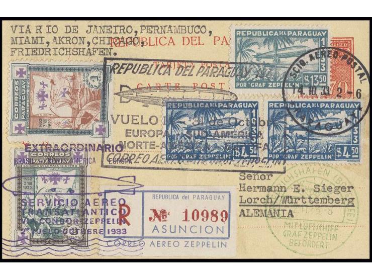 Chicagofahrt, Paraguay-Post: R-Karte mit u.a. Zeppelin 4,5 $ im Paar und 13,50 $, Kabinett