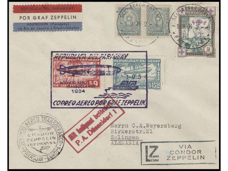 1934, 7. Südamerikafahrt, Paraguay-Post, R-Brief mit u.a. Zeppelin 9 und 13,50 $ nach Solingen mit vorderseitig rotem Flugbes