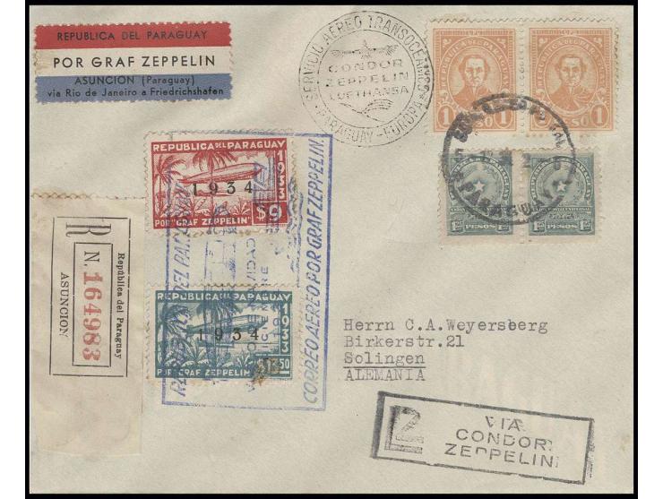 Weihnachtsfahrt, Paraguay-Post, R-Brief mit u.a. Zeppelin 9 und 13,50 $ (letztere leicht leimfleckig) nach Solingen mit dorti