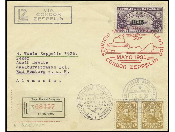 1935, 3. Südamerikafahrt, Paraguay-Post: R-Brief mit u.a. Zeppelin 22,50 P. nach Bad Homburg, Pracht