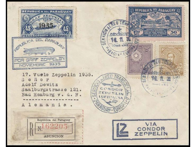15. Südamerikafahrt, 2. Pendelfahrt, Paraguay-Post, R-Brief nach Bad Homburg, etwas fleckig und rückseitig private Aufkleber