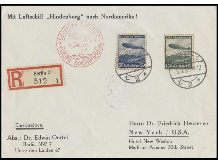 HINDENBURG (LZ 129): 1936, 1. Nordamerikafahrt, R-Brief mit Bestätigungsstempel von Berlin C2 (a), nicht häufig