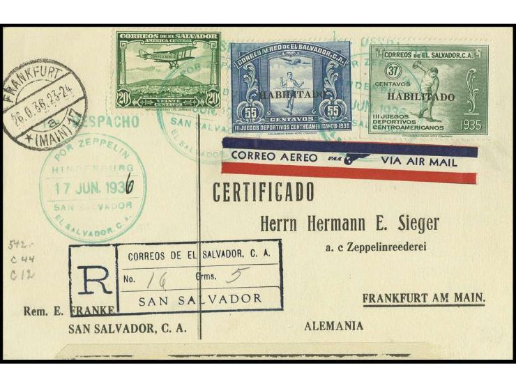 3. Nordamerikafahrt, El Salvador-Post, R-Karte mit Sonderbestätigungsstempel, nebengesetzt der gleiche Stempel mit falscher J